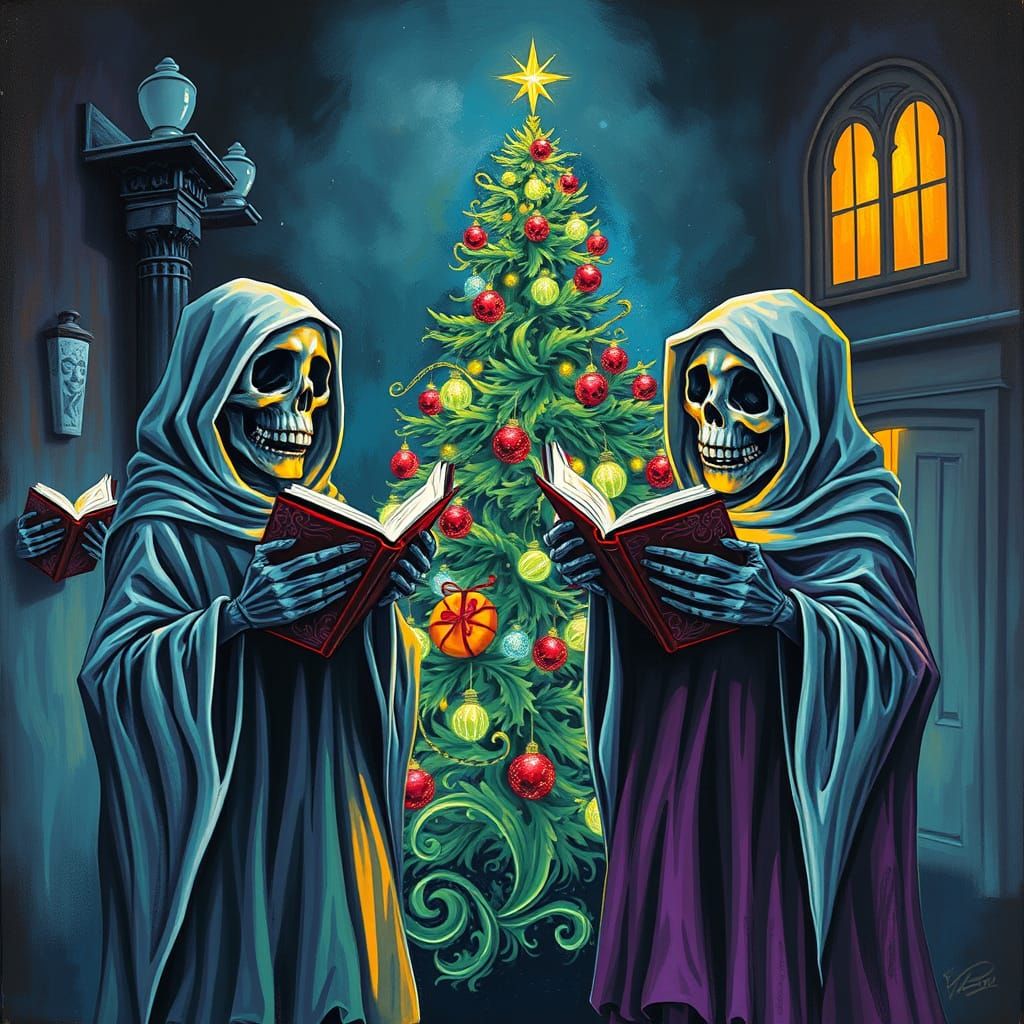 Undead Carolers Haunt Christmas Tree in Graffiti Art Style