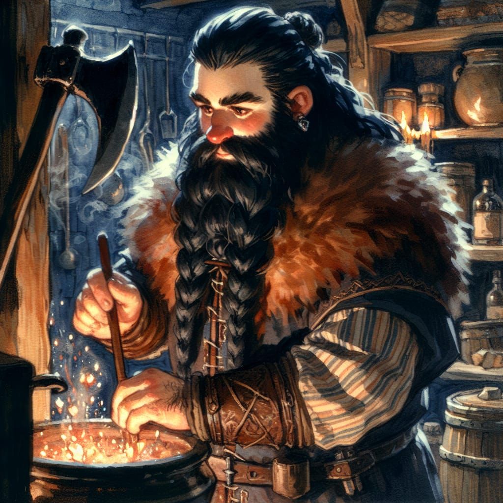 Dwarf Cook Creates Magic in Tavern, Gouache Style