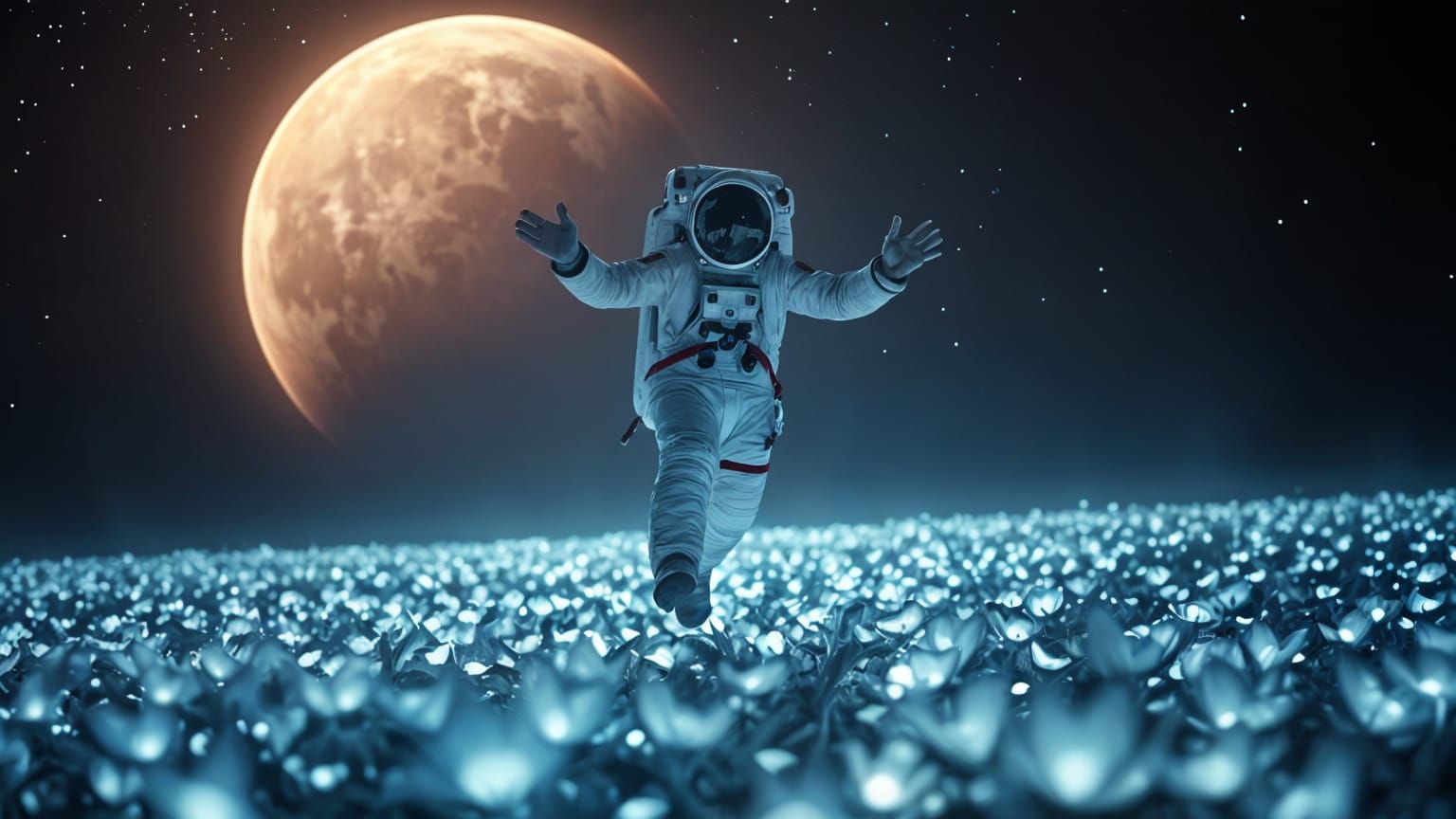 Astronaut's Bioluminescent Dance Among Space Flora