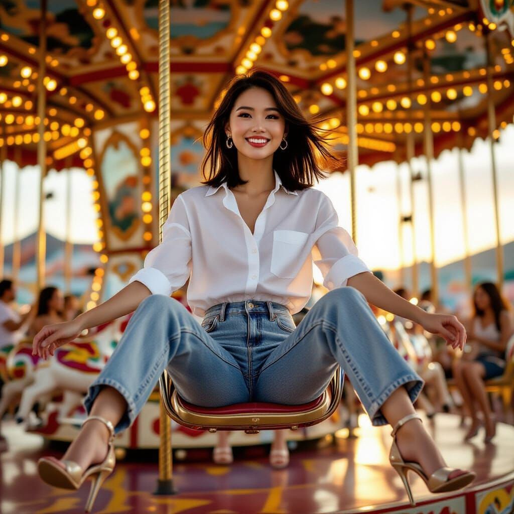 Asian Woman Enjoys Carousel Ride in Golden Hour Light