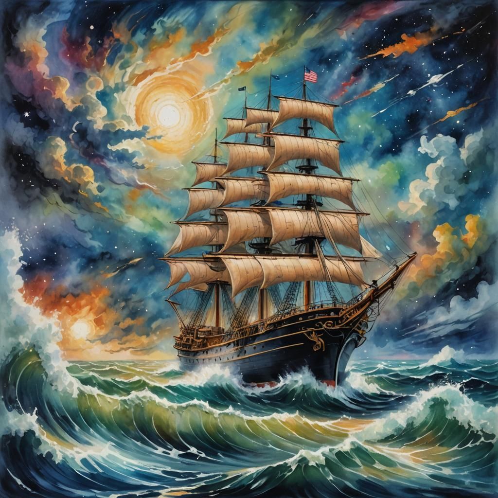 Ship Sails to Space in Epic Impressionist Style