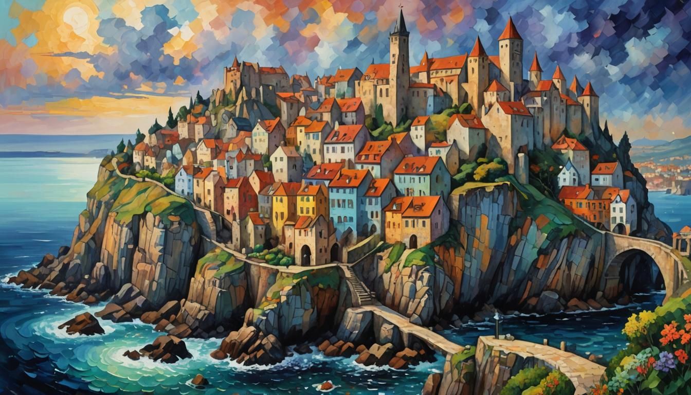 Small fantasy city with castle on the side of the cliff rising above the small Bay