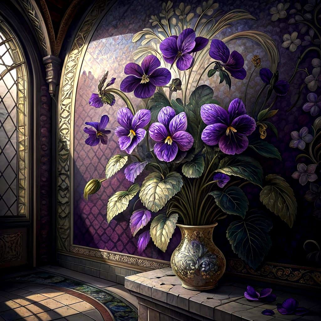 Baroque Mosaic Mural of Violets in Purple and Silver