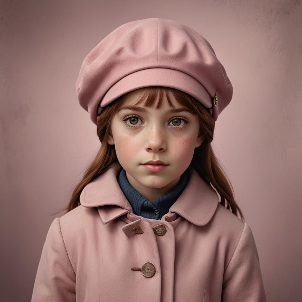 Hyperrealistic Portrait of an Auburn-Haired Girl in Pink Ber...