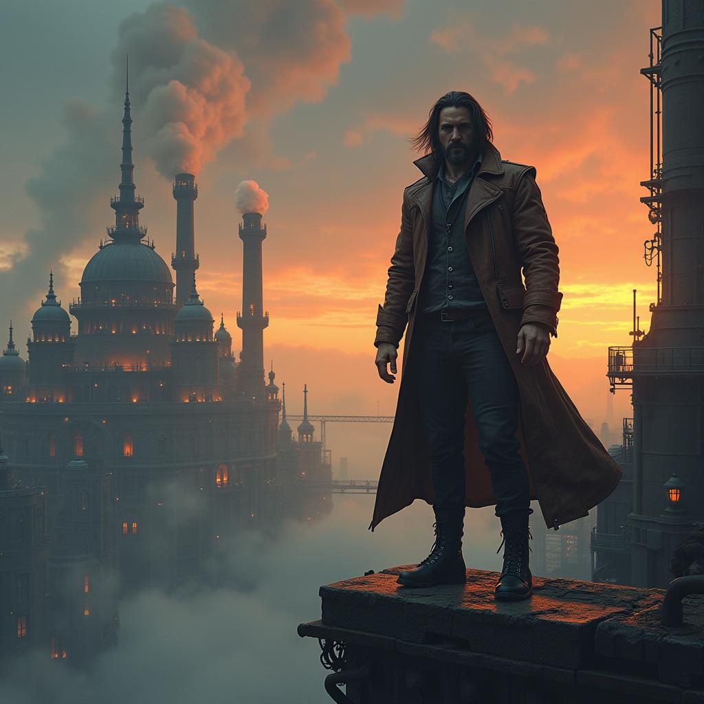 Industrial Fantasy Landscape with Rugged Figure