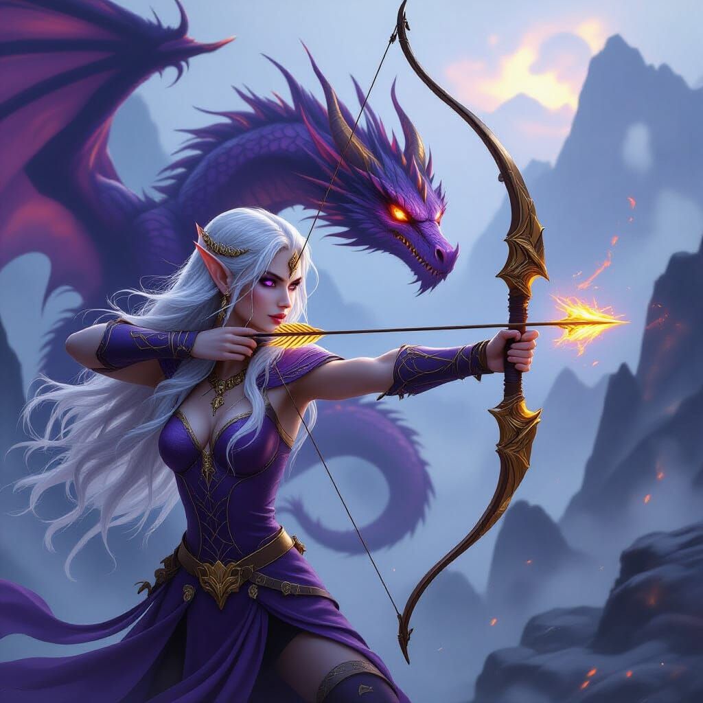 Elf Princess Aims Bow at Shadow Dragon in Foggy Mountains