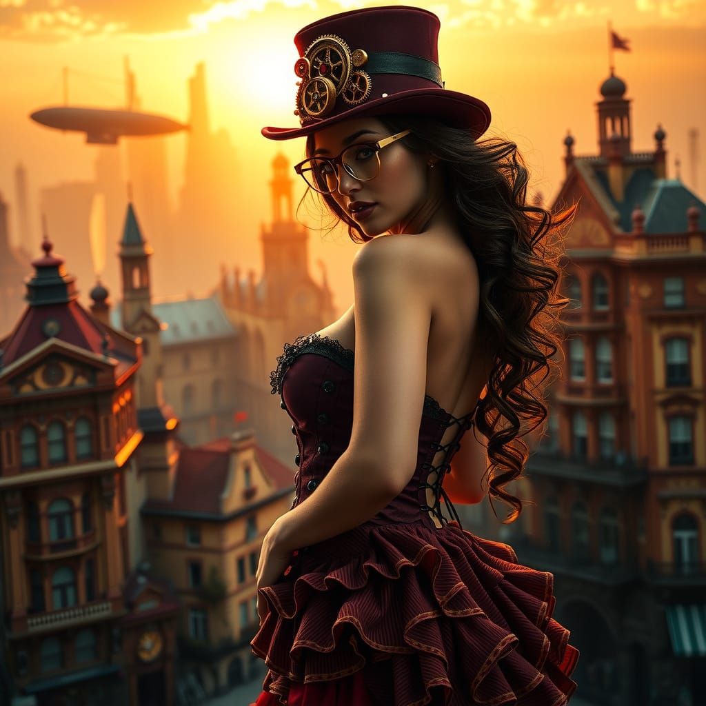 Steampunk Beauty Against Sunset Metropolis