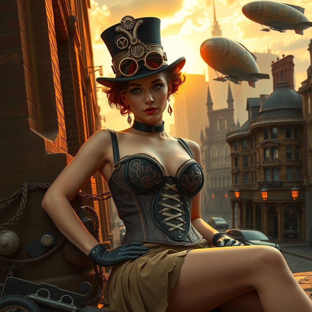Steampunk Beauty Against a Victorian Cityscape