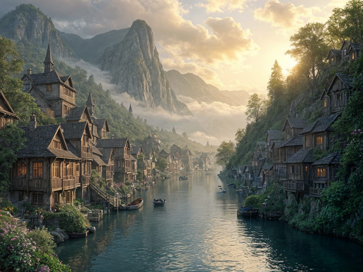 Misty Lakeside Town at Sunrise: Fantasy Realism