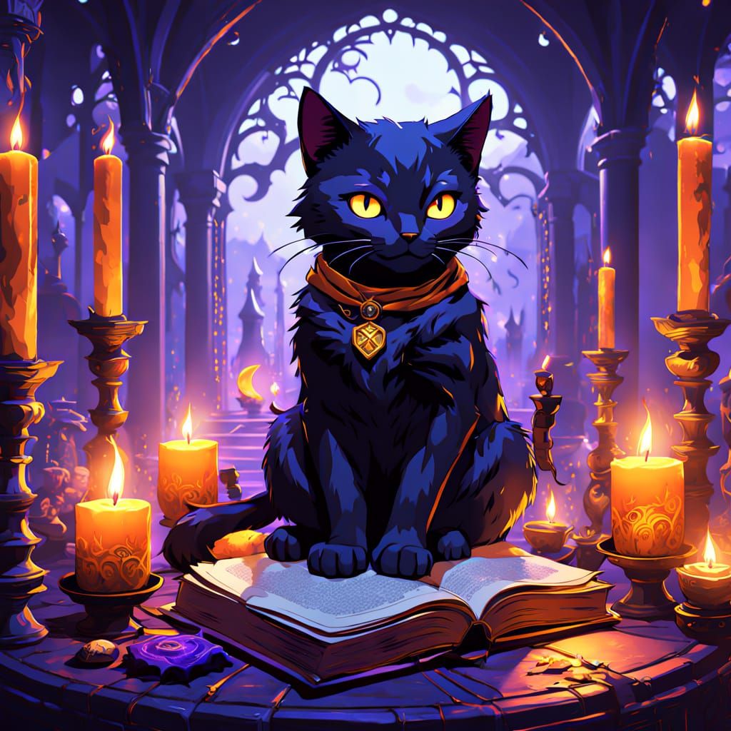 Ethereal Black Cat Amidst Ancient Tomes and Mystical Candles