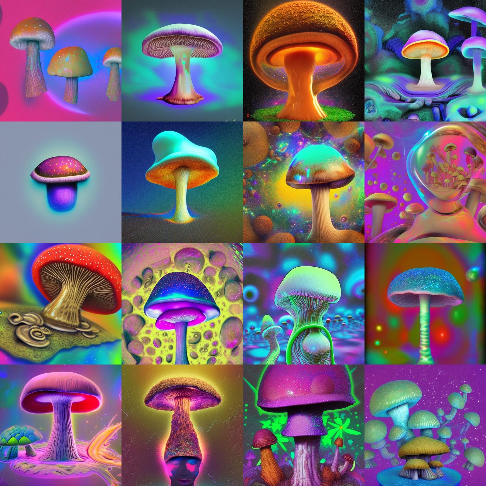 Astral Mushroom Holographic Illustration in Mixed Media