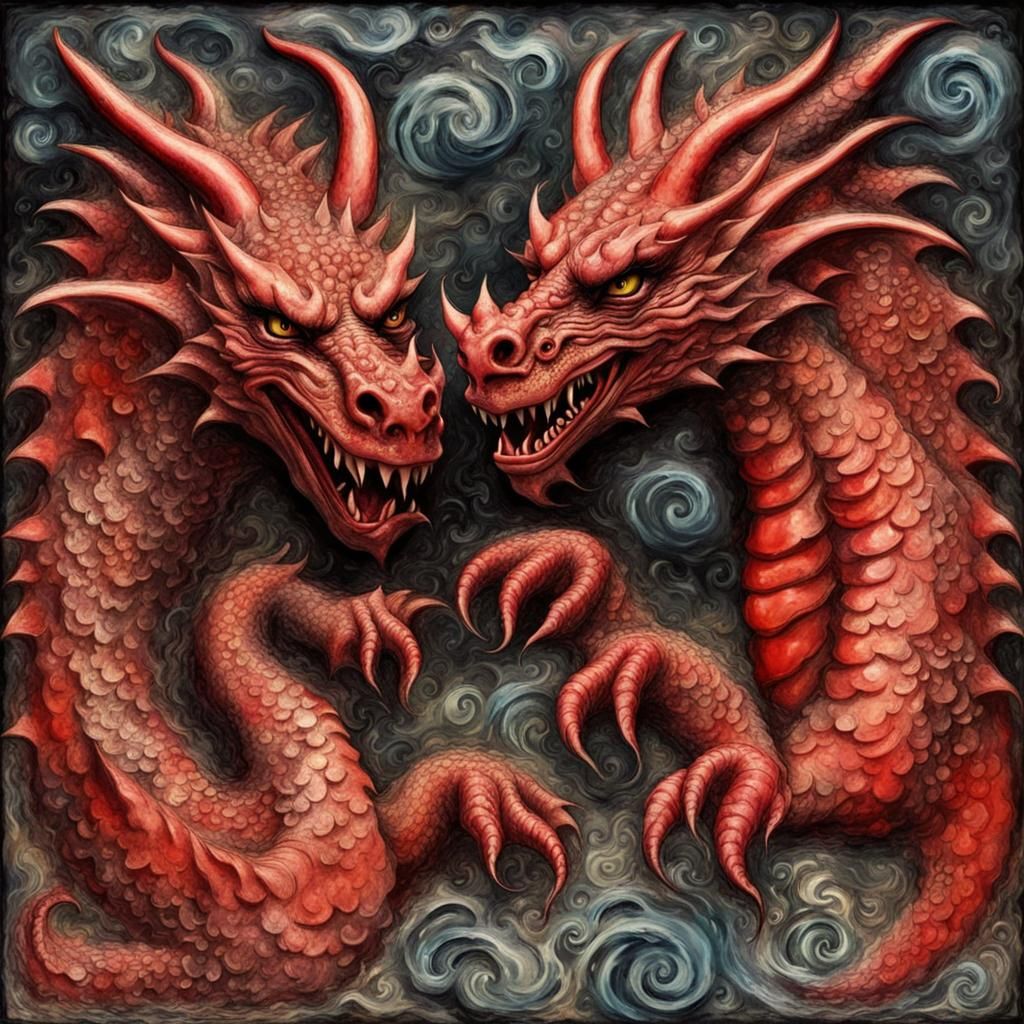 Evil Dragons Plotting World Domination: Encaustic Art