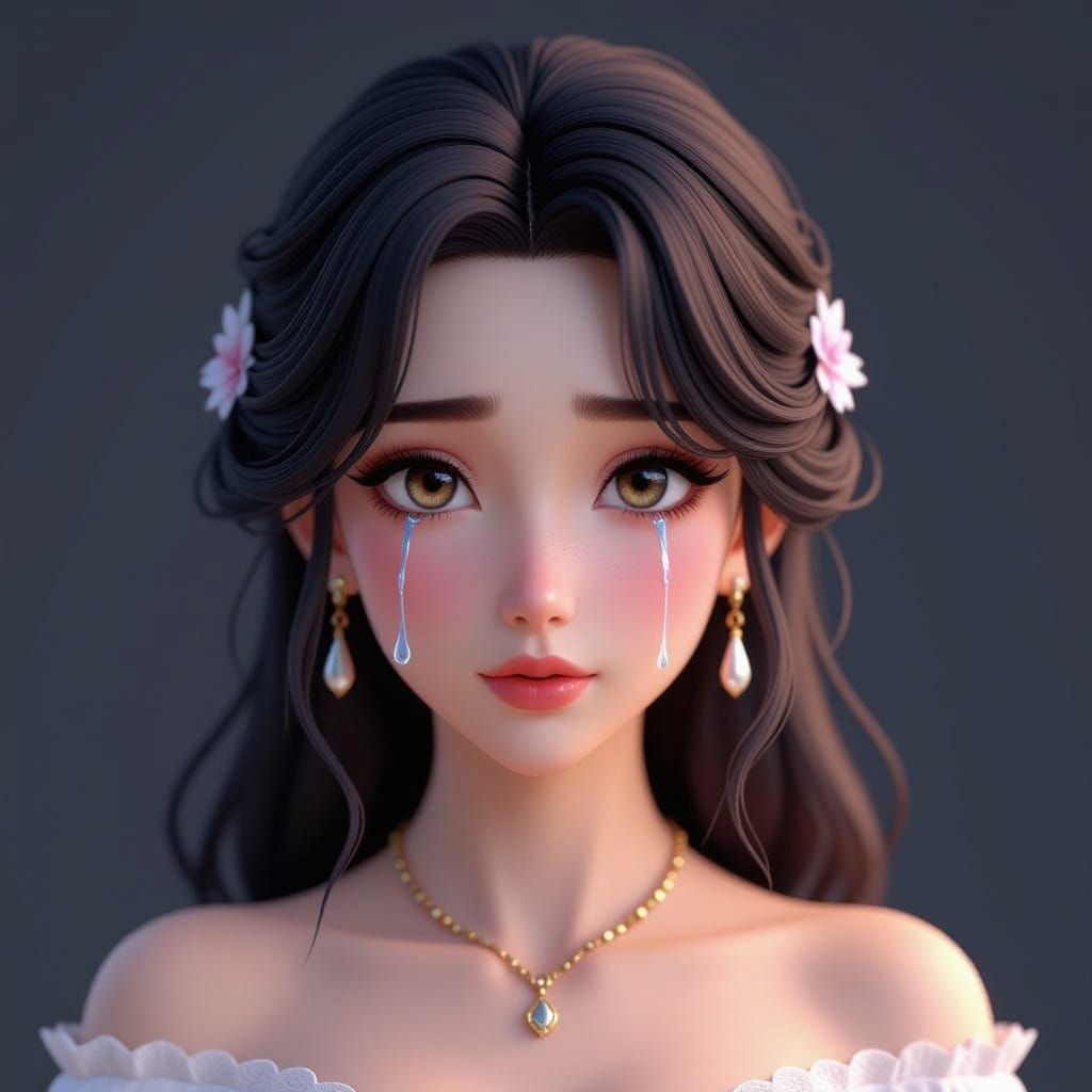 Beautiful Woman Crying in Exquisite 3D Anime Style