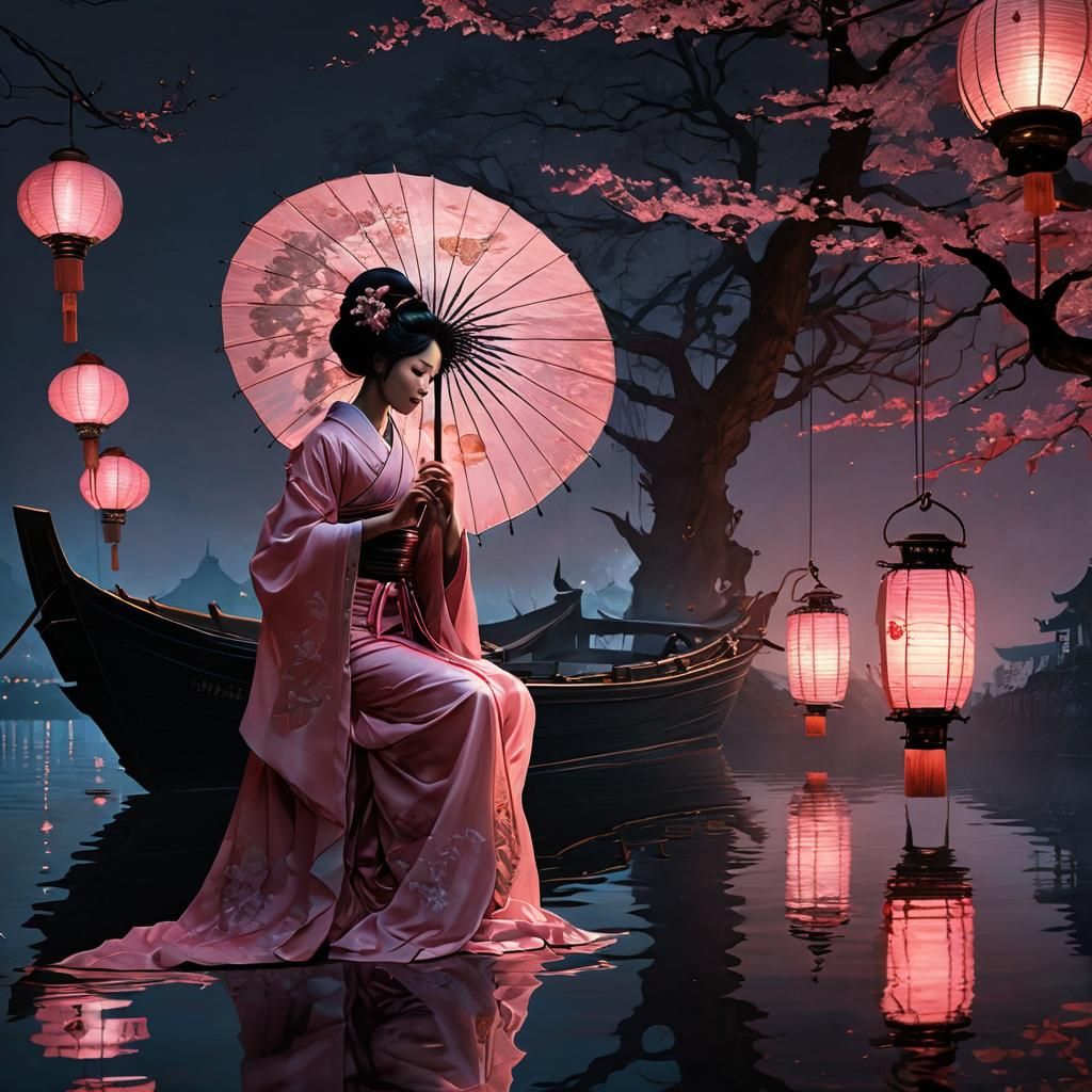 Geisha at Lantern Festival: Alphonse Mucha Style
