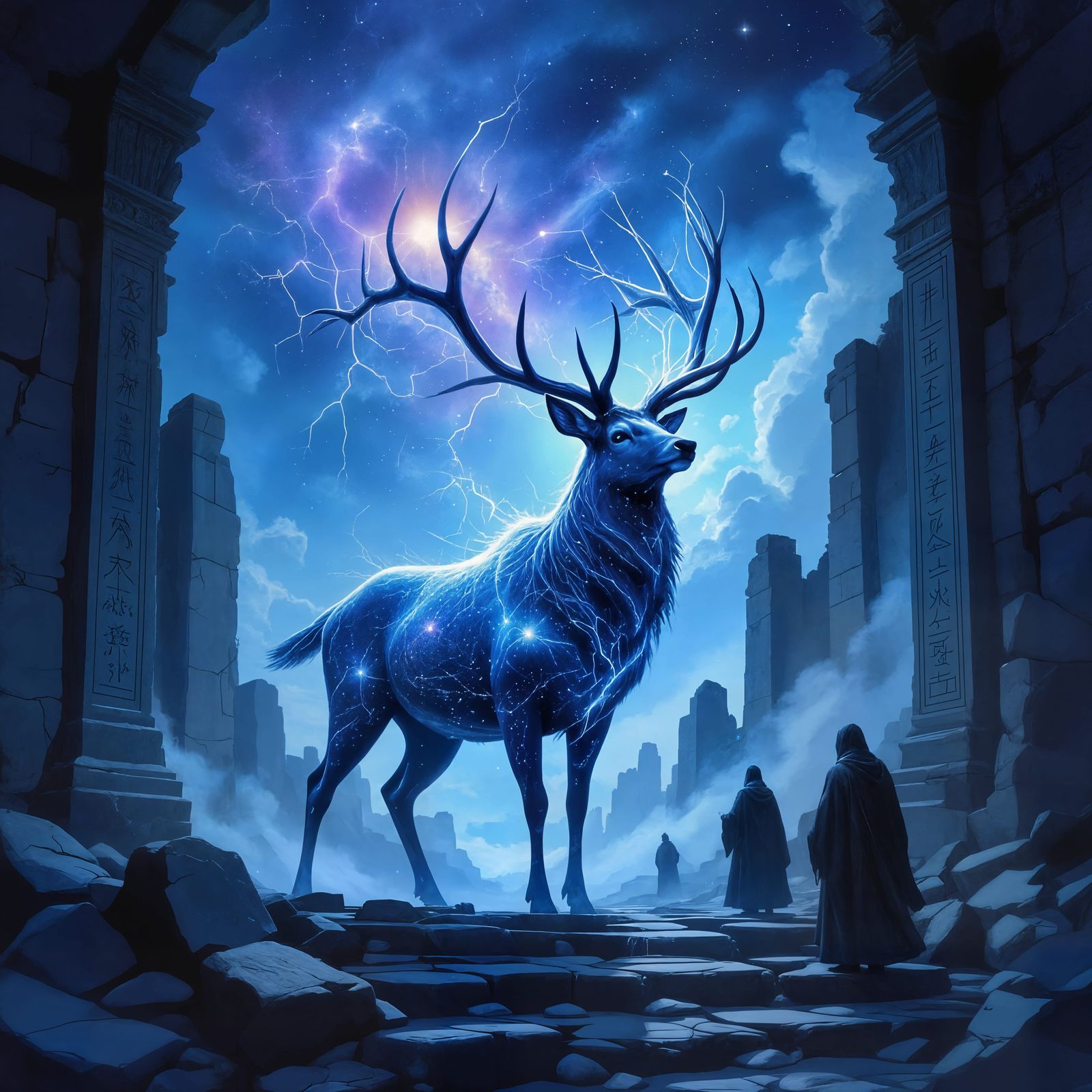 Surreal Temple with Cosmic Guardian Deer