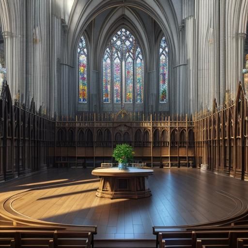 Cathedral Nave with Rock Table in Anime Style