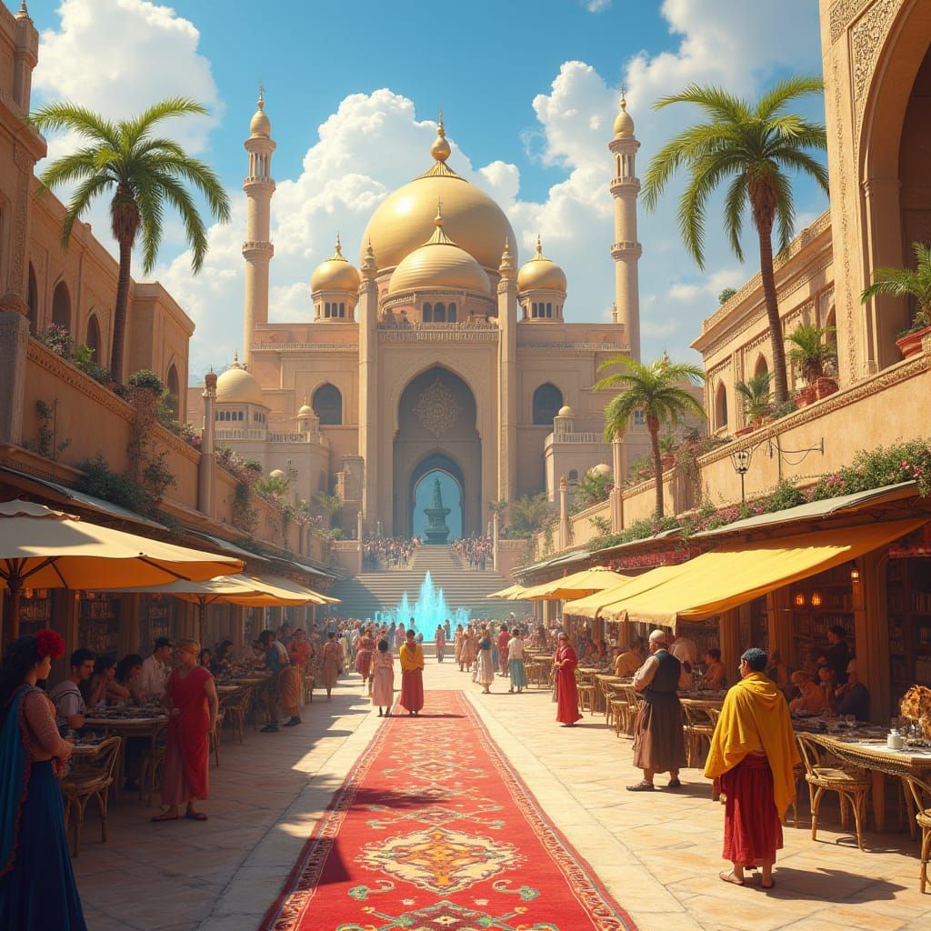 Vibrant Arabian Cityscape with Majestic Palace and Bustling ...