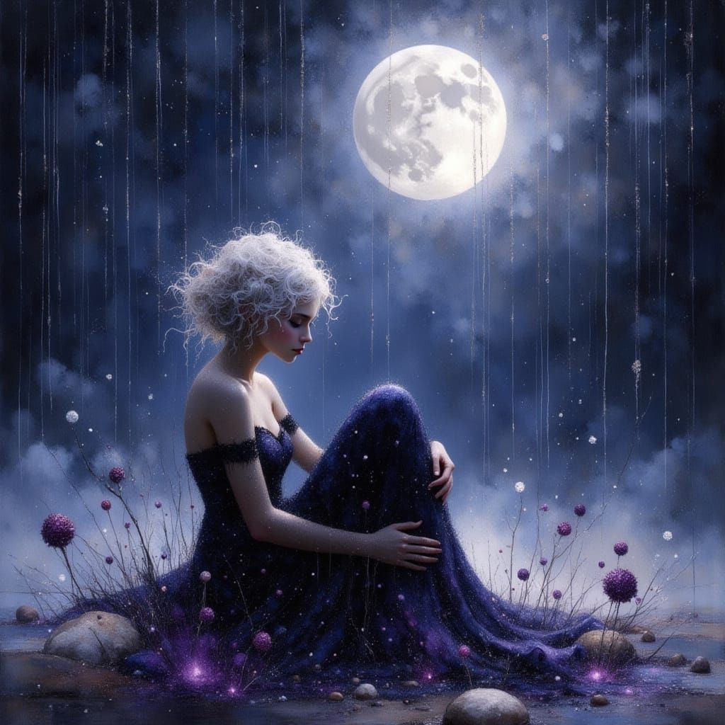 Woman Gazing at Bloody Moon in Dark Fantasy Style