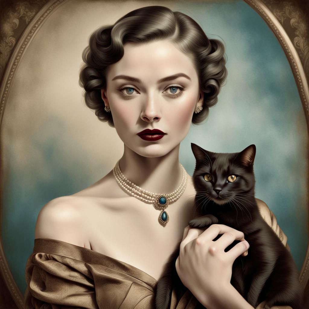 Vintage Portrait of Woman with Cat in Sepia Tones