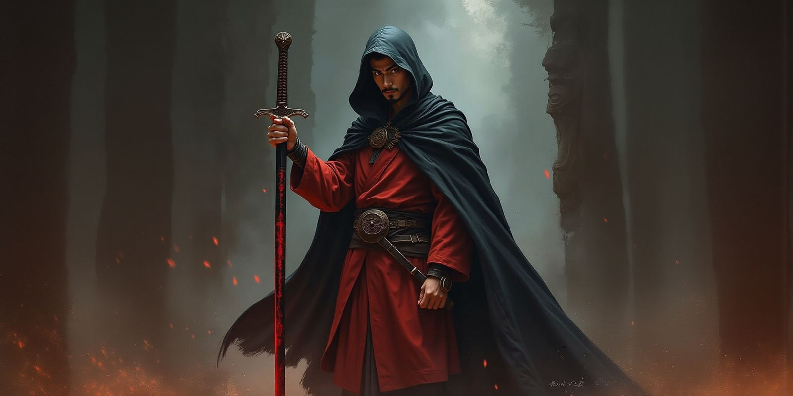 Young Warrior Stands Ready to Face Monsters in Dark Fantasy