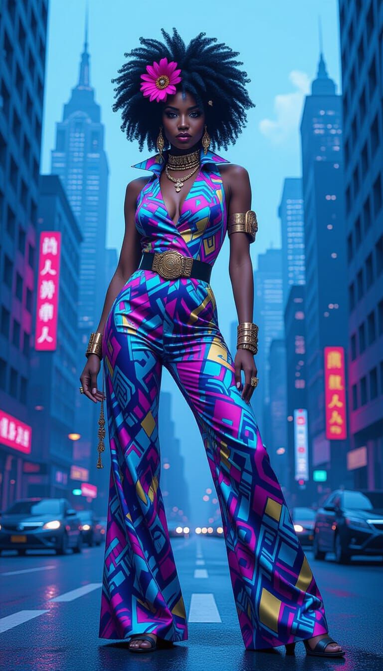 Black Woman Warrior in Art Deco Cityscape