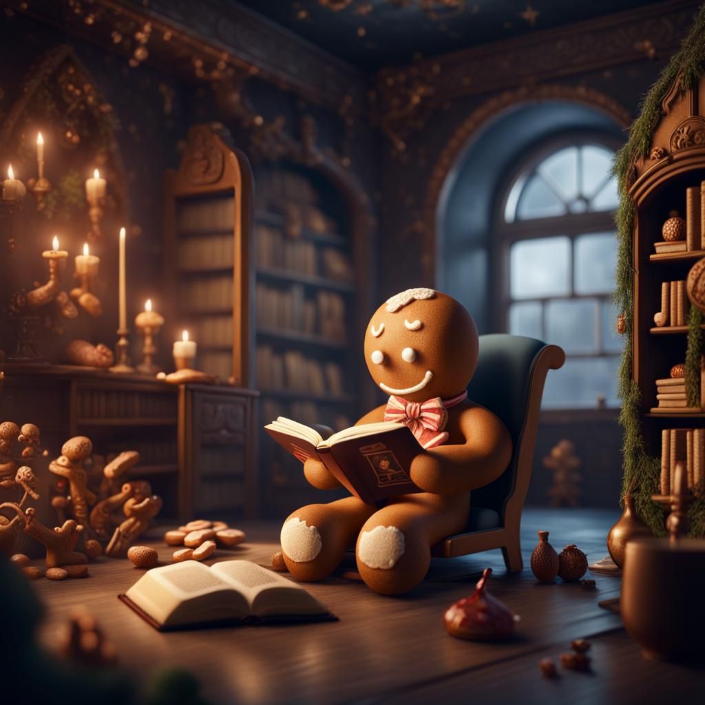 Gingerbread man reading a book