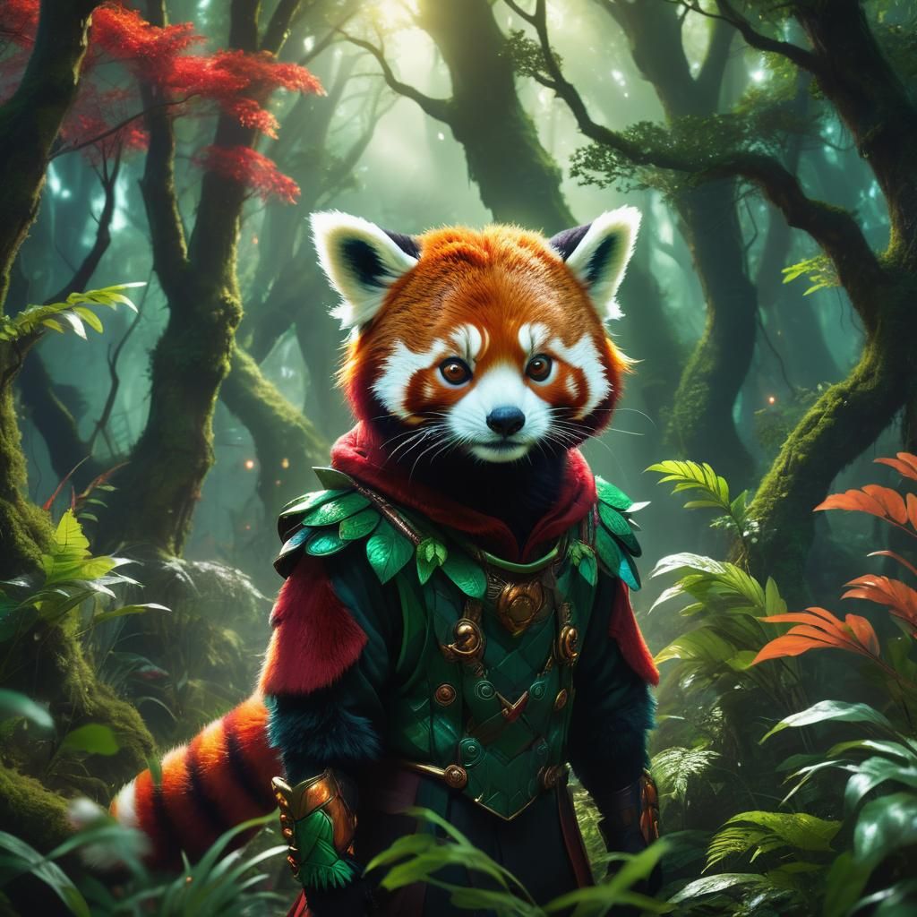 Red Panda Costume in Mystical Forest, Fantasy Art