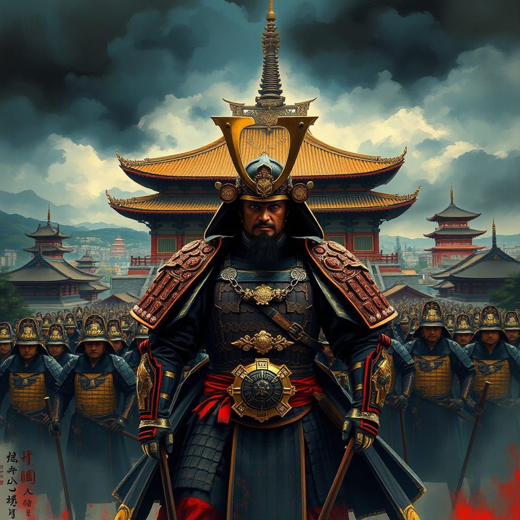 Samurai Shogun Guards Ancient Japanese Temple with Loyal Arm...