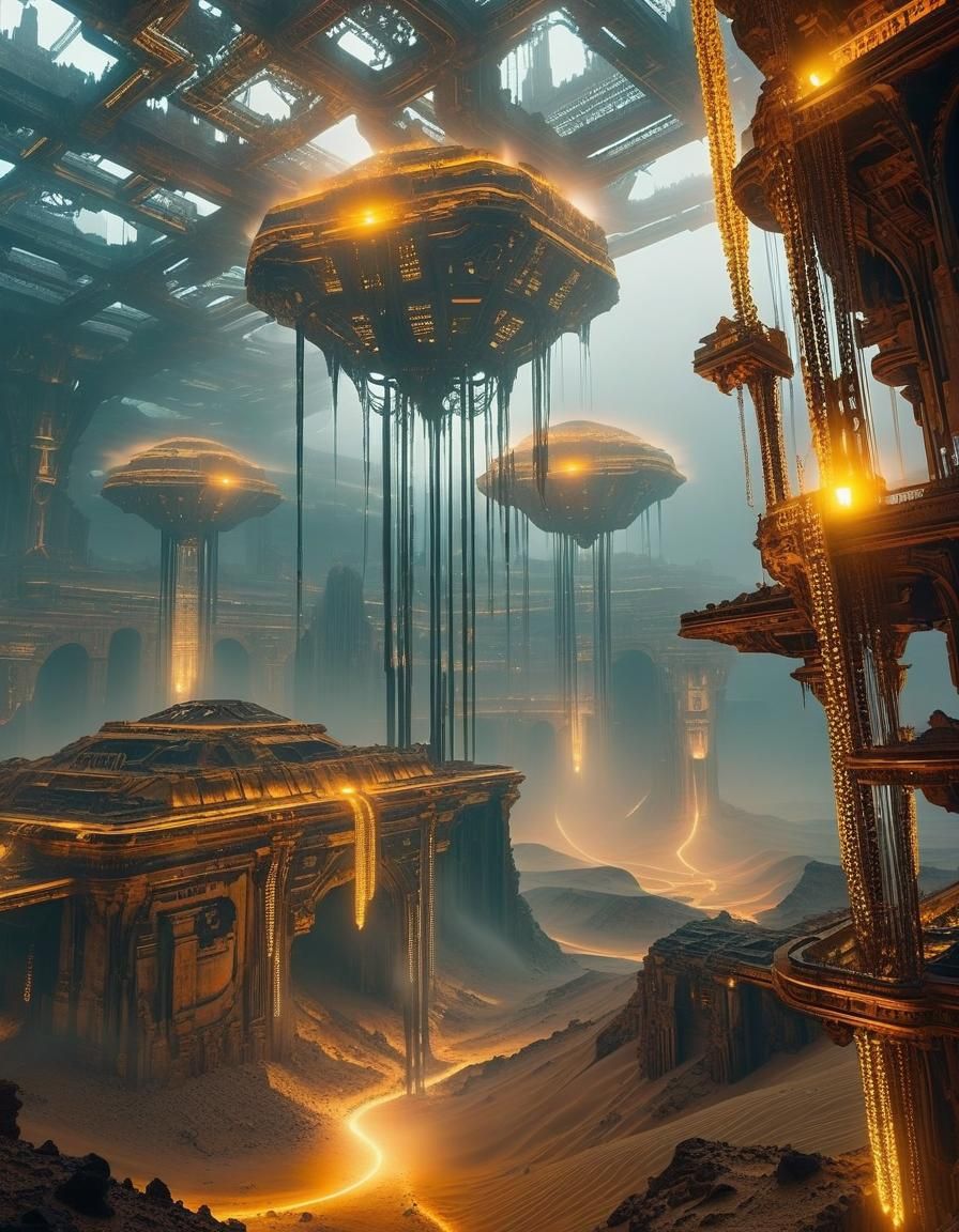 hyperreal futuristic wasteland, shrouded in Fractal mist chain ruins, eerie amber lights unreal, sharp focused dystopian...