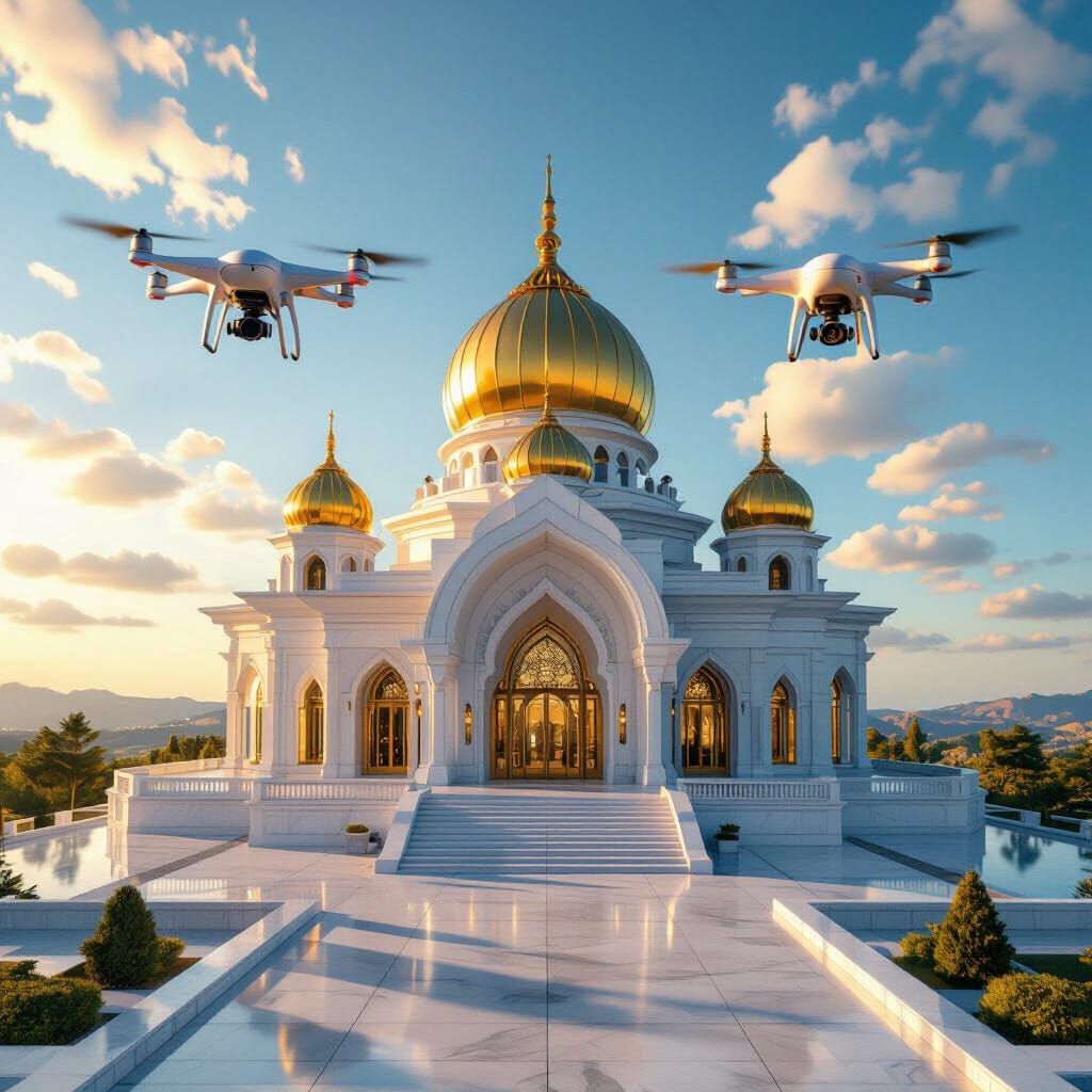 ISKCON Temple: Aerial View in Golden Hour Light