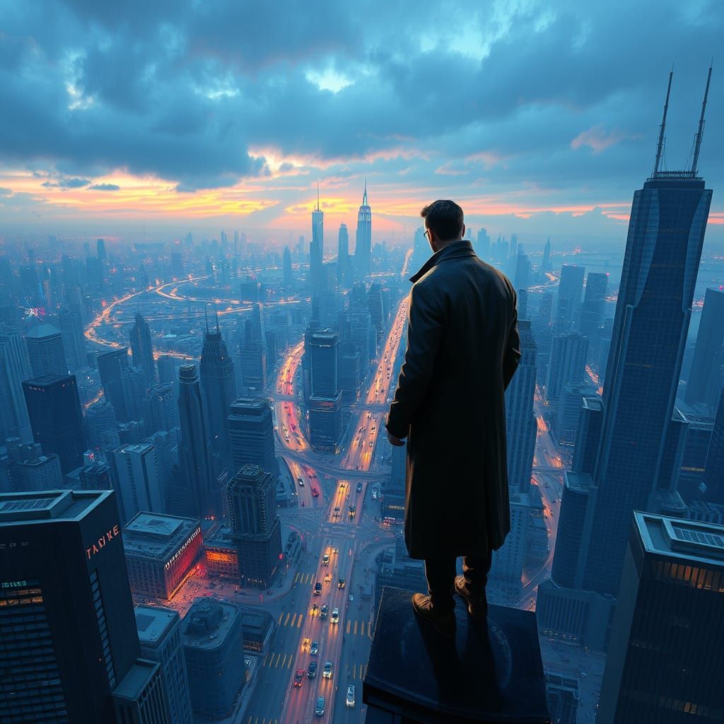 Figure Gazing Over Chaotic Cityscape, Matte Painting Style