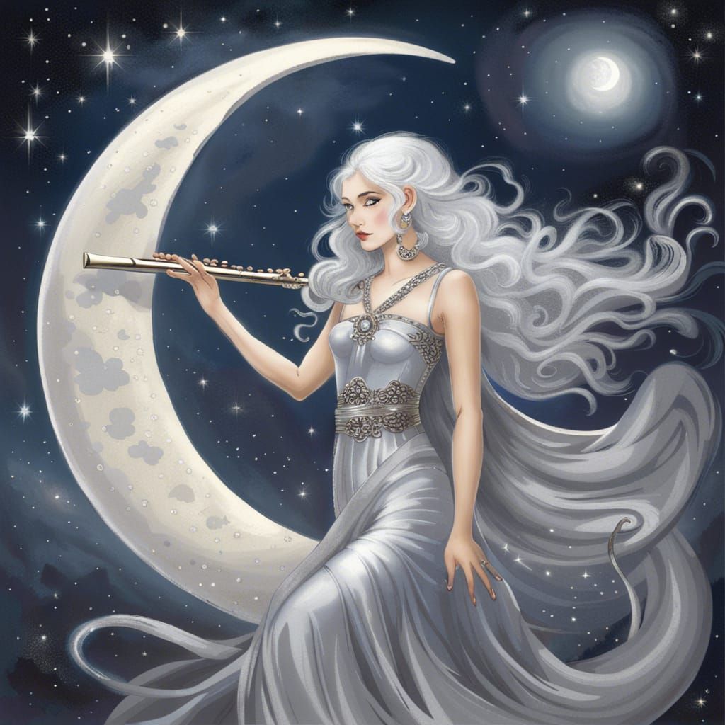 Elegant Moonlit Woman with Flute: Hyperdetailed Portrait