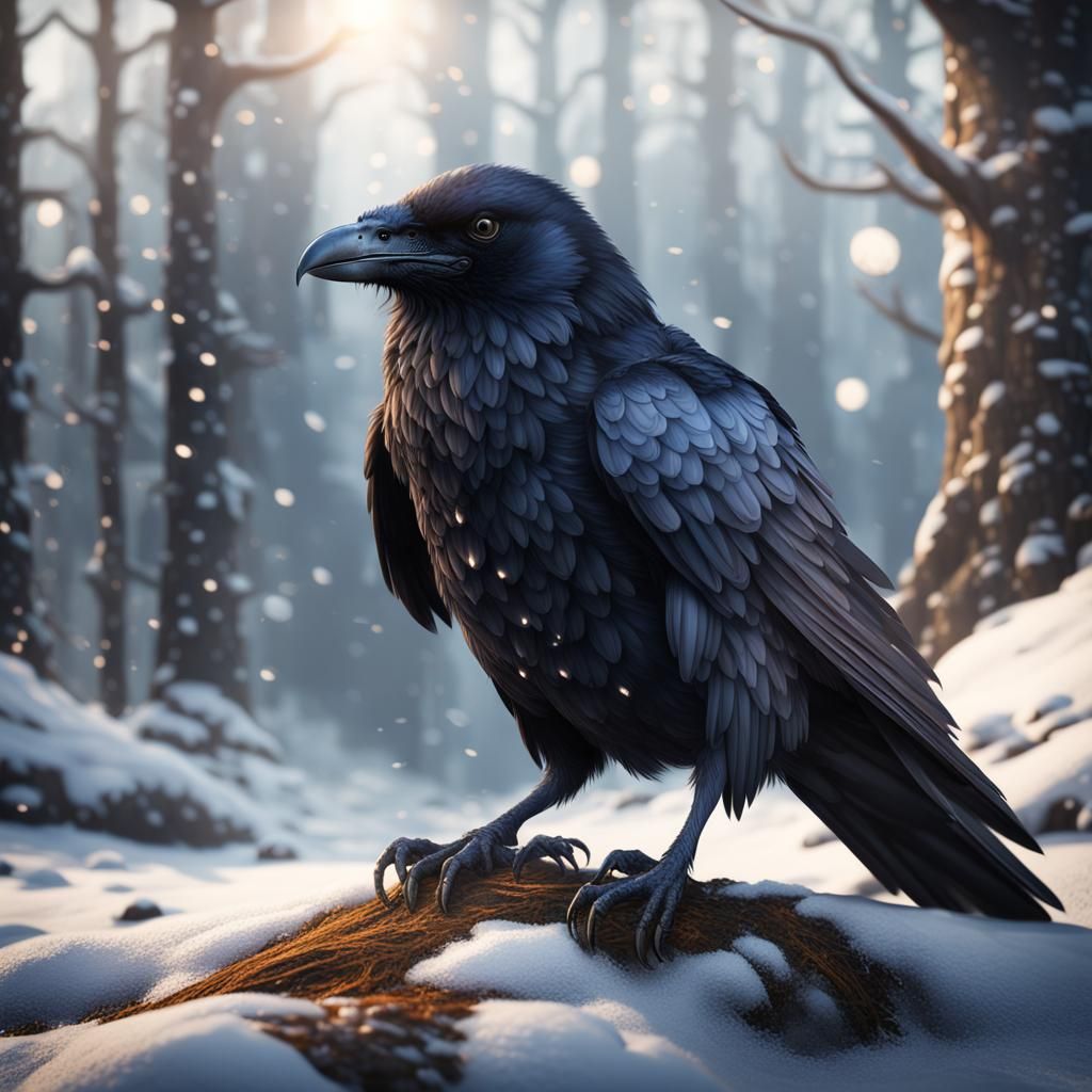 Raven in Snow: Hyperrealistic Digital Art