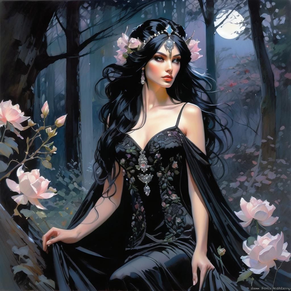 Goth Princess Portrait in Moonlit Forest