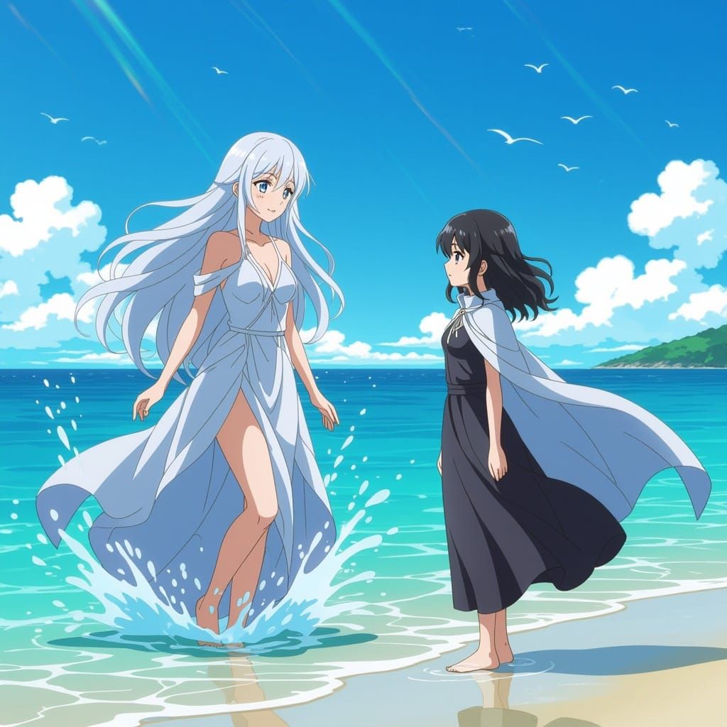 Anime Woman Emerges From Sea With Silver Hair