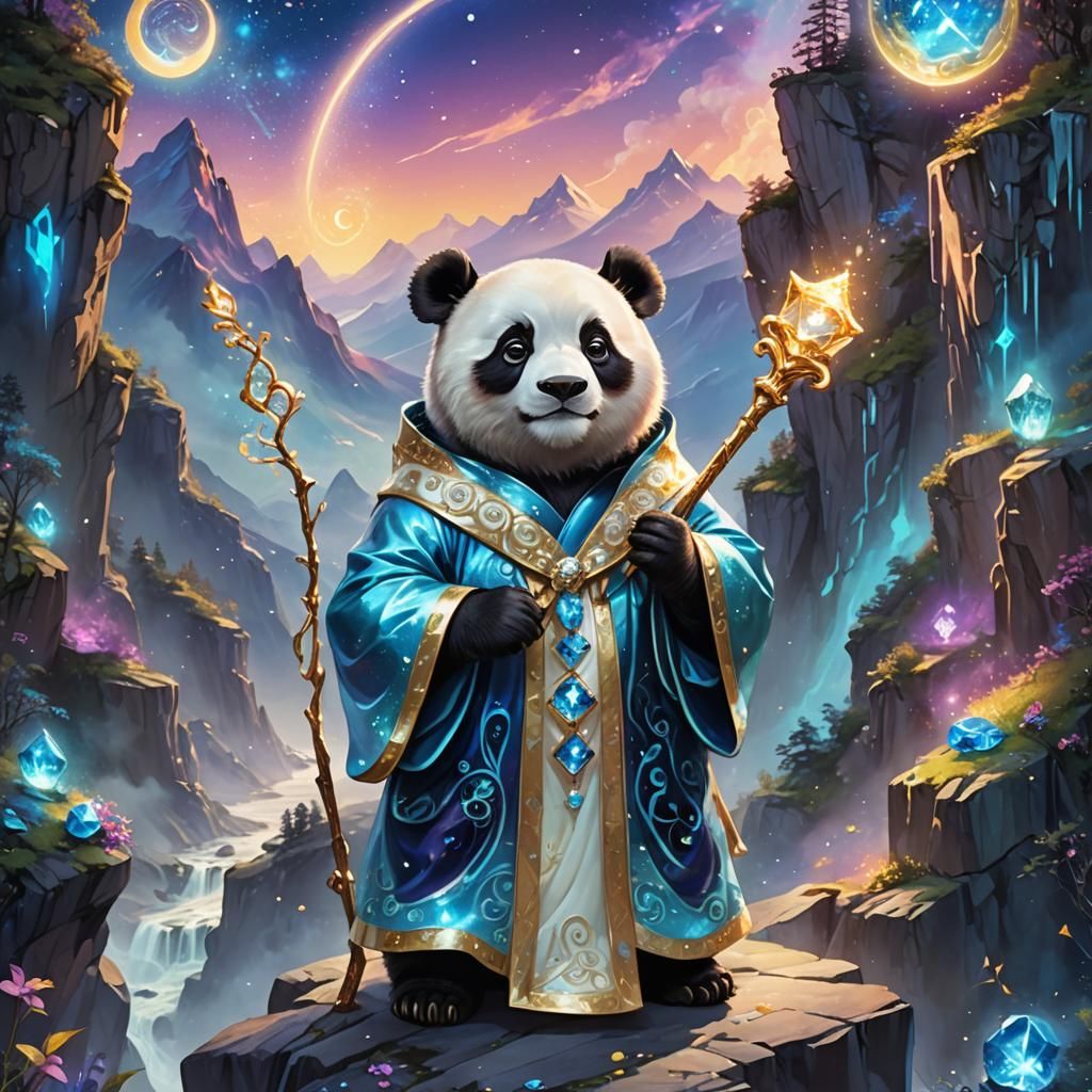 Panda Bear Mage on Cliff in Candy Art Style