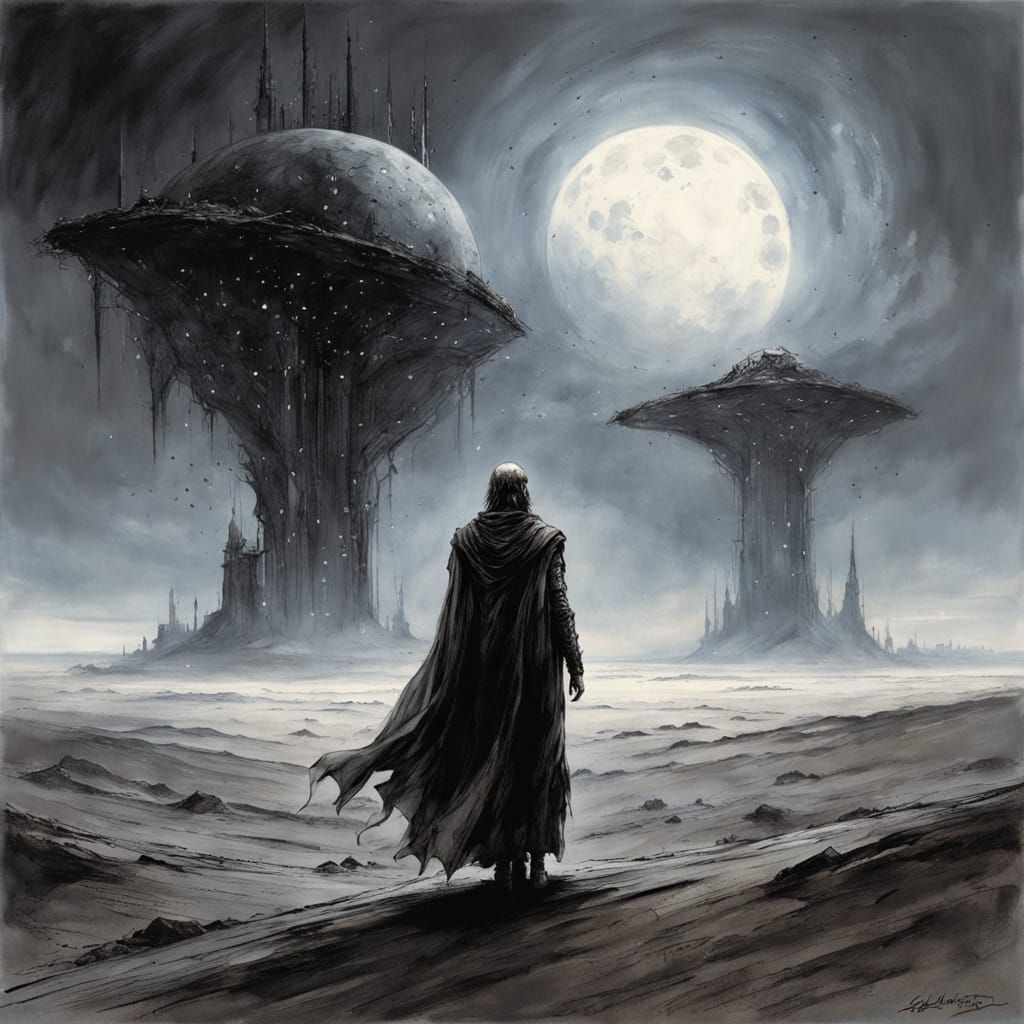 Lone Figure on Alien Plain Under Twin Moons