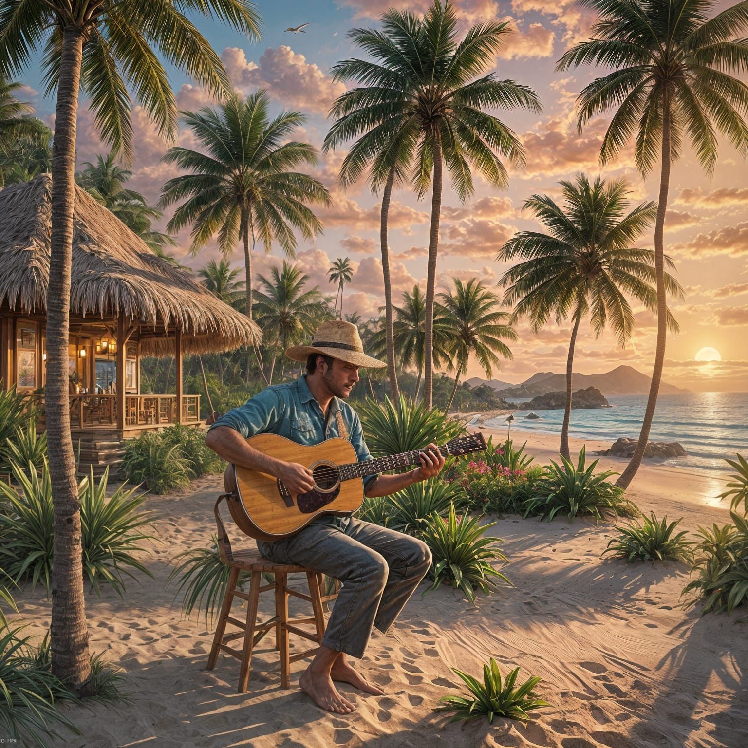 Tropical Beach Sunset Guitar Player: Matte Painting Style