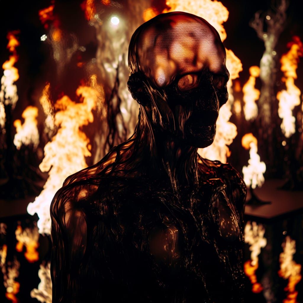 Black transparent statue with lights, ugly and strange, lost in the fire.