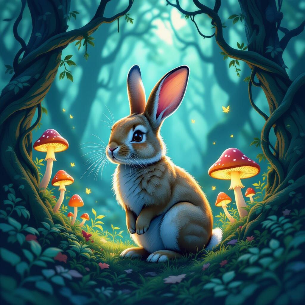 Whimsical Rabbit in Mystical Forest: Shadowscape Style