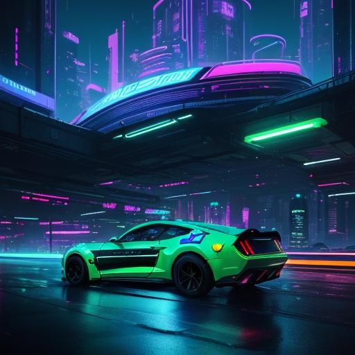 Cyberpunk Mustang Speeds Through Neon Cityscape