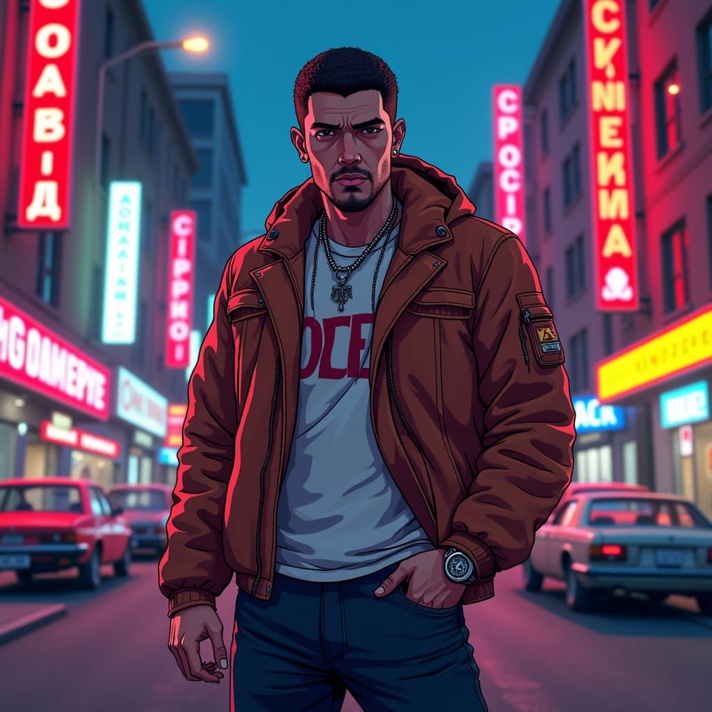 Tough Urban Uzbek Character in Neon-Lit Cityscape