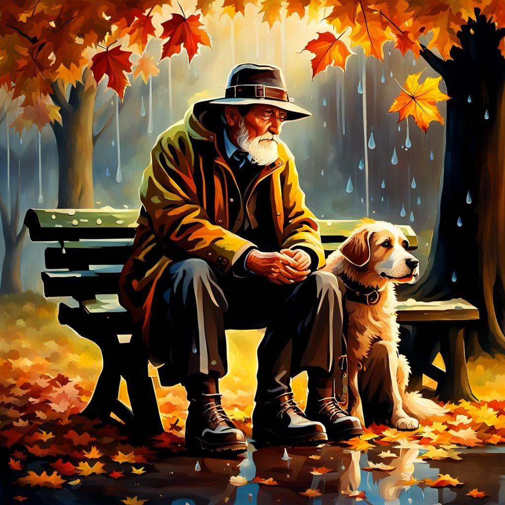 Cozy Fall Day with Old Man and Dog