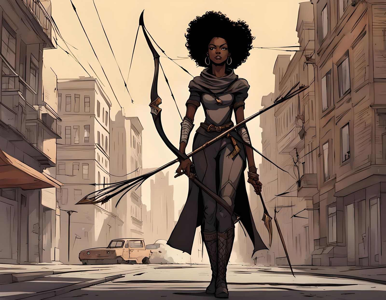 Female Shadow Archer in Empty City Streets