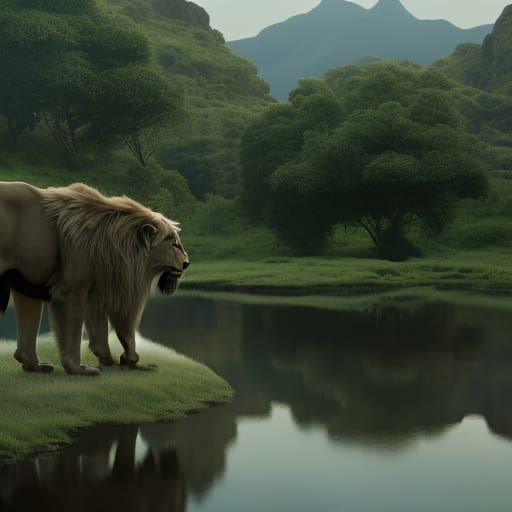 White Lion Drinking: Detailed Fantasy Concept Art