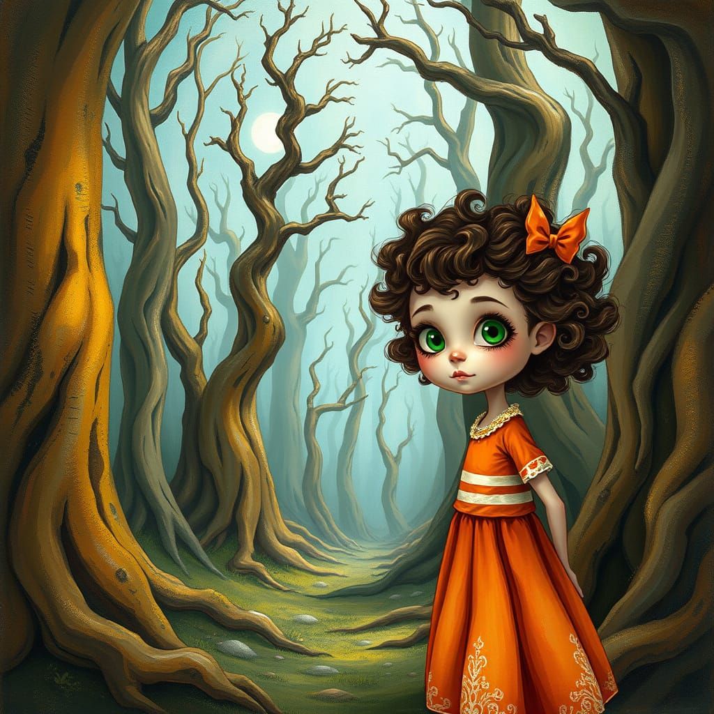 Whimsical Girl in a Fantastical Forest, in a Cyberpunk Aesth...