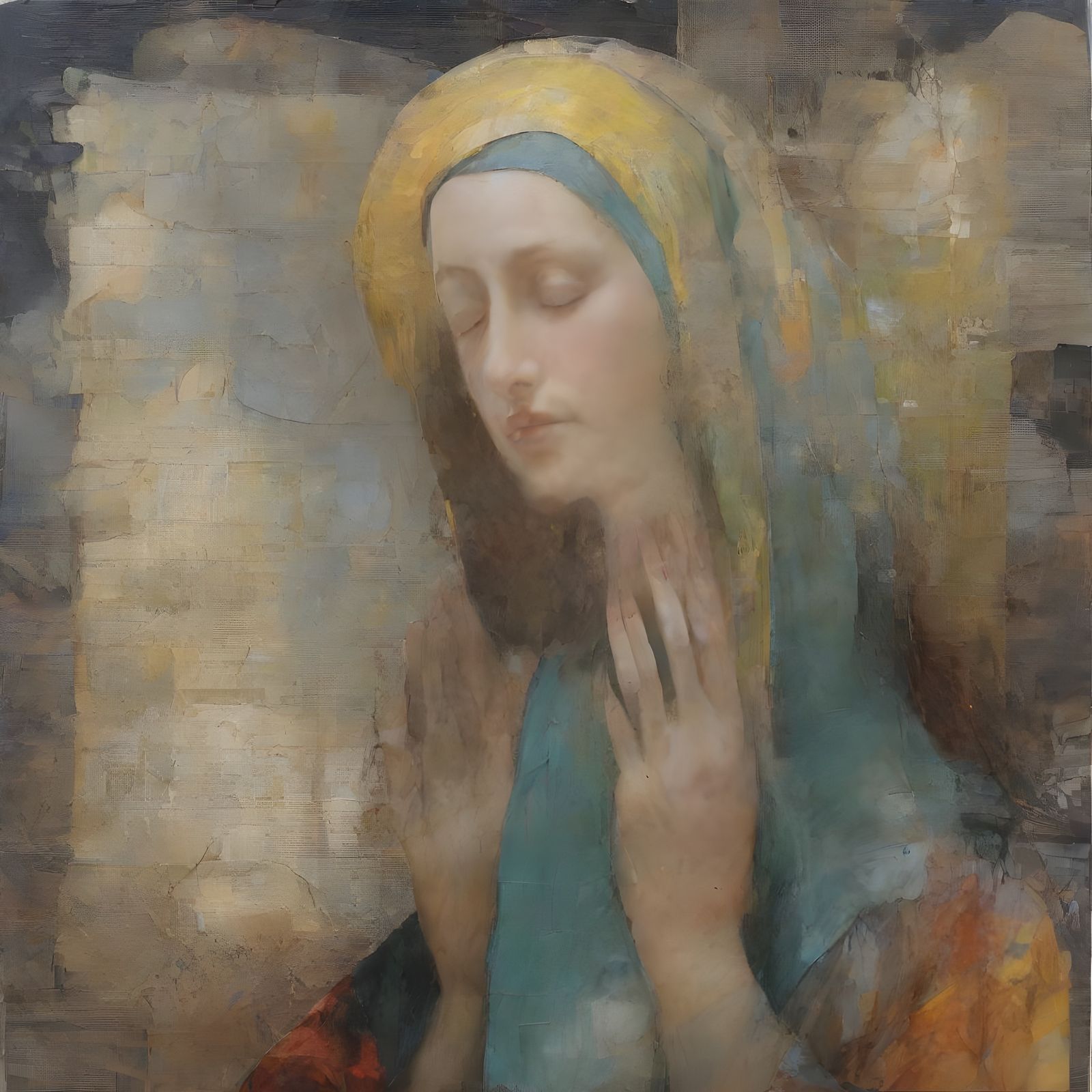 Mournful Woman in Prayer: Luminous Mixed Media