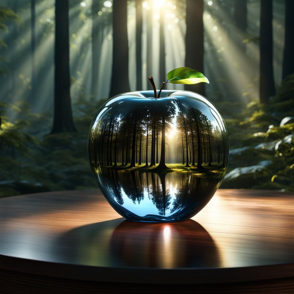 Glass Apple Reflecting Forest: Detailed Matte Painting