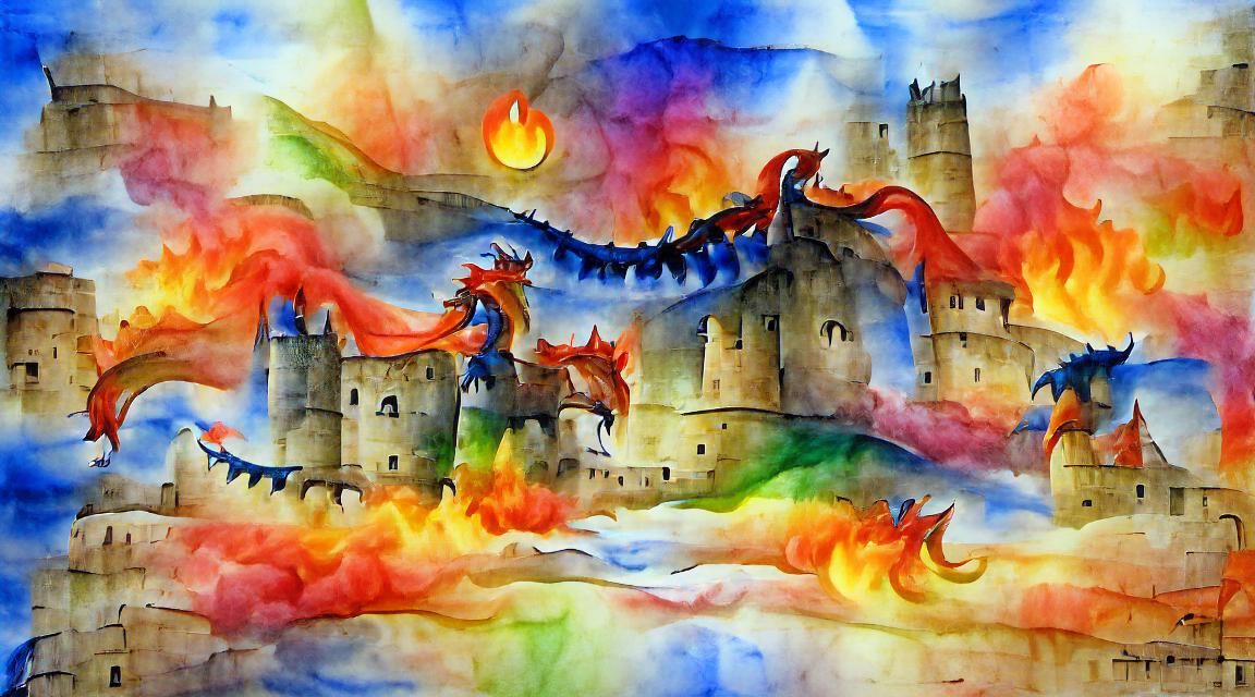 Colorful Medieval Castle Under Dragon Fire: Watercolor