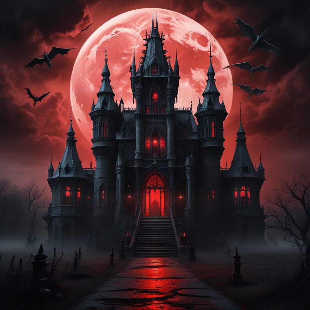 Ominous Gothic Mansion Under Blood Moon, in Giger Style